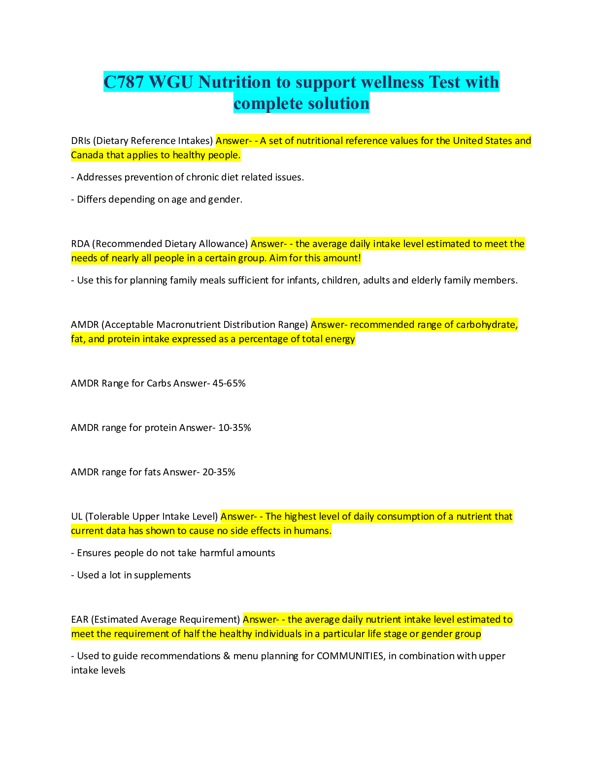 Preview of C787 WGU Nutrition to support wellness Test with complete solution